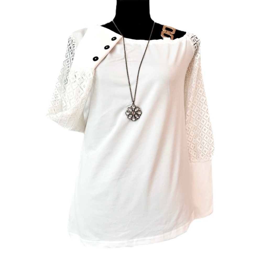 OLIVIA MARK ~ Lightweight White/Off White Lace Sleeves Off Shoulder Top size M